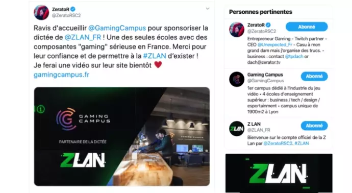 Tweet de ZeratoR qui met en avant Gaming Campus