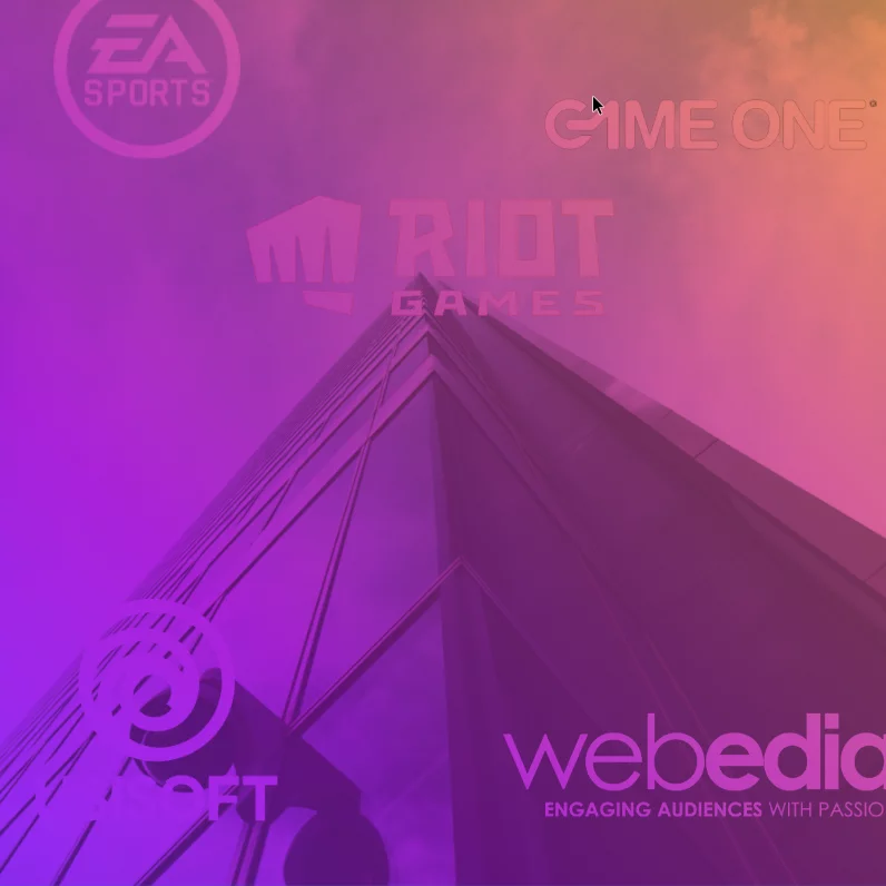 Examples of partner companies of Gaming Campus schools (EA, Game One, Riot Games, Ubisoft, Webedia)