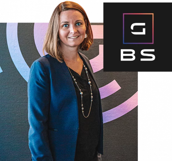 Photo of Karen Lo Pinto in charge of G. Business and logo G. BS