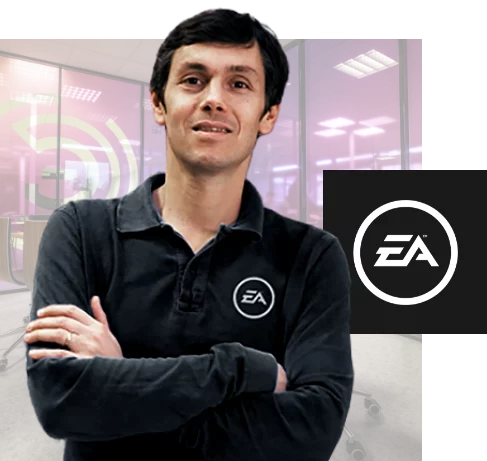 Photo portrait de Antoine Cohet avec un logo de l'éditeur de jeux video Electronic Arts