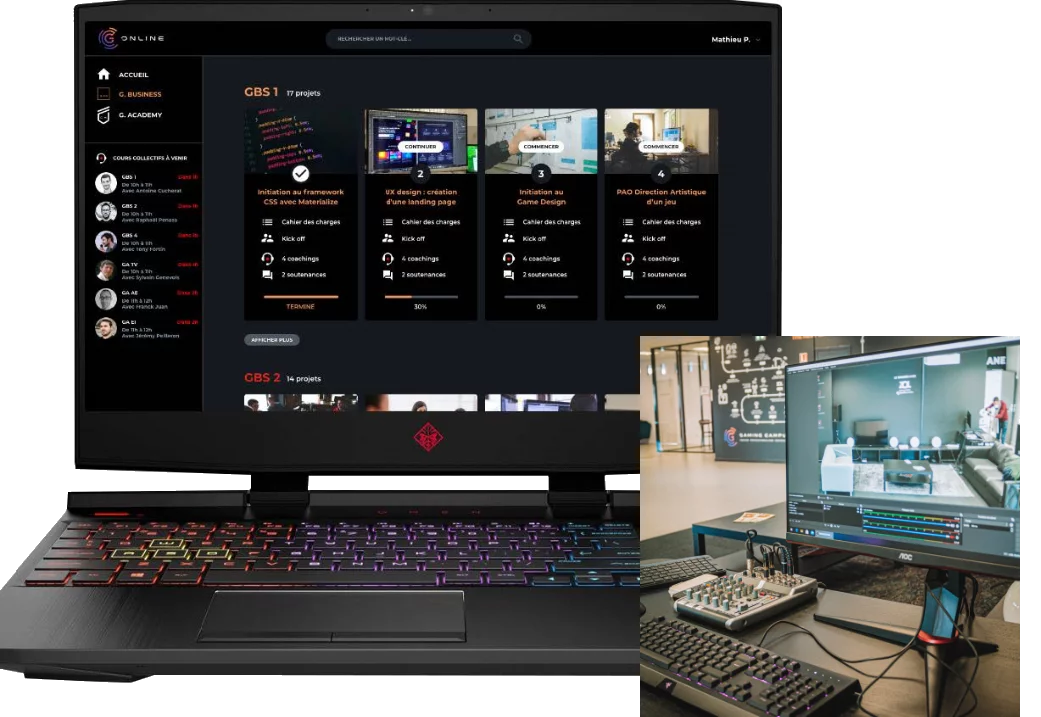 Impressions écrans de la plateforme d'école en ligne Gaming Campus online